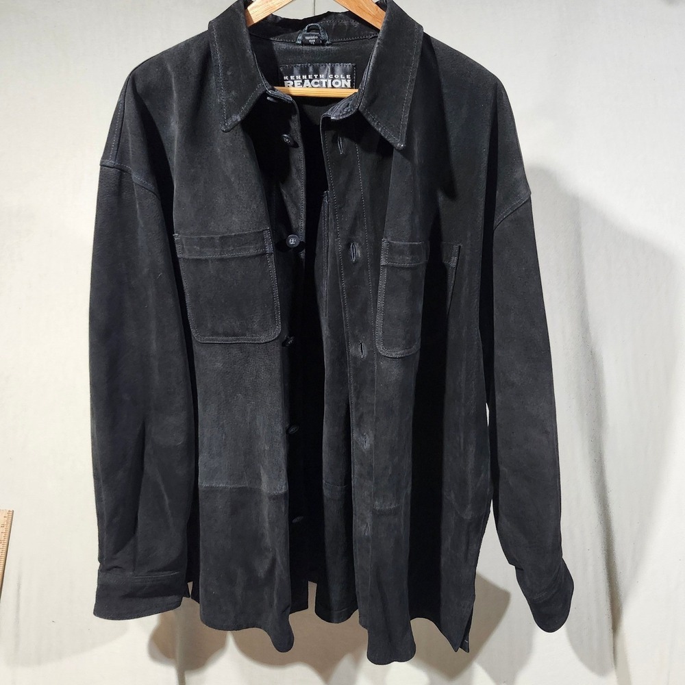 Kenneth Cole Reaction Mens Black Genuine Leather Suede Shirt Jacket XL Overshirt